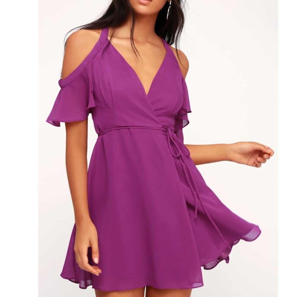 NEW Lulus Bombshell Magenta Purple Off-the-Shoulder Flirty Wrap Mini Dress XL